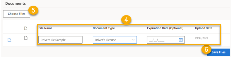 Documents section with yellow numbers and highlight boxes around the Choose Files, File Name, document type, expiration date, and Save Files button.